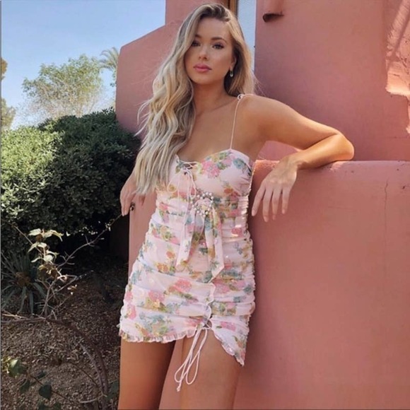 For Love and Lemons Serafine Floral Lace Up Sequin Ruched Ruffle Mini Dress - Picture 1 of 9